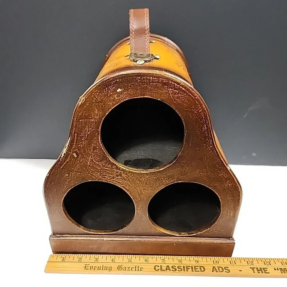 vintage Wooden Wine Caddy With Leather Handle Oriental Tree Art Work Very Unique